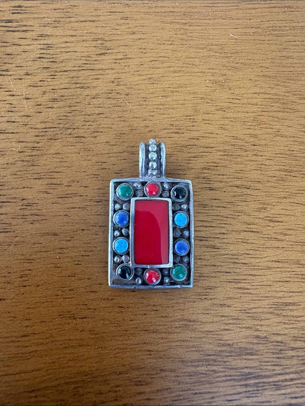 Sterling-Silver Multicolor Gemstone Rectangular Pendant with Red Center